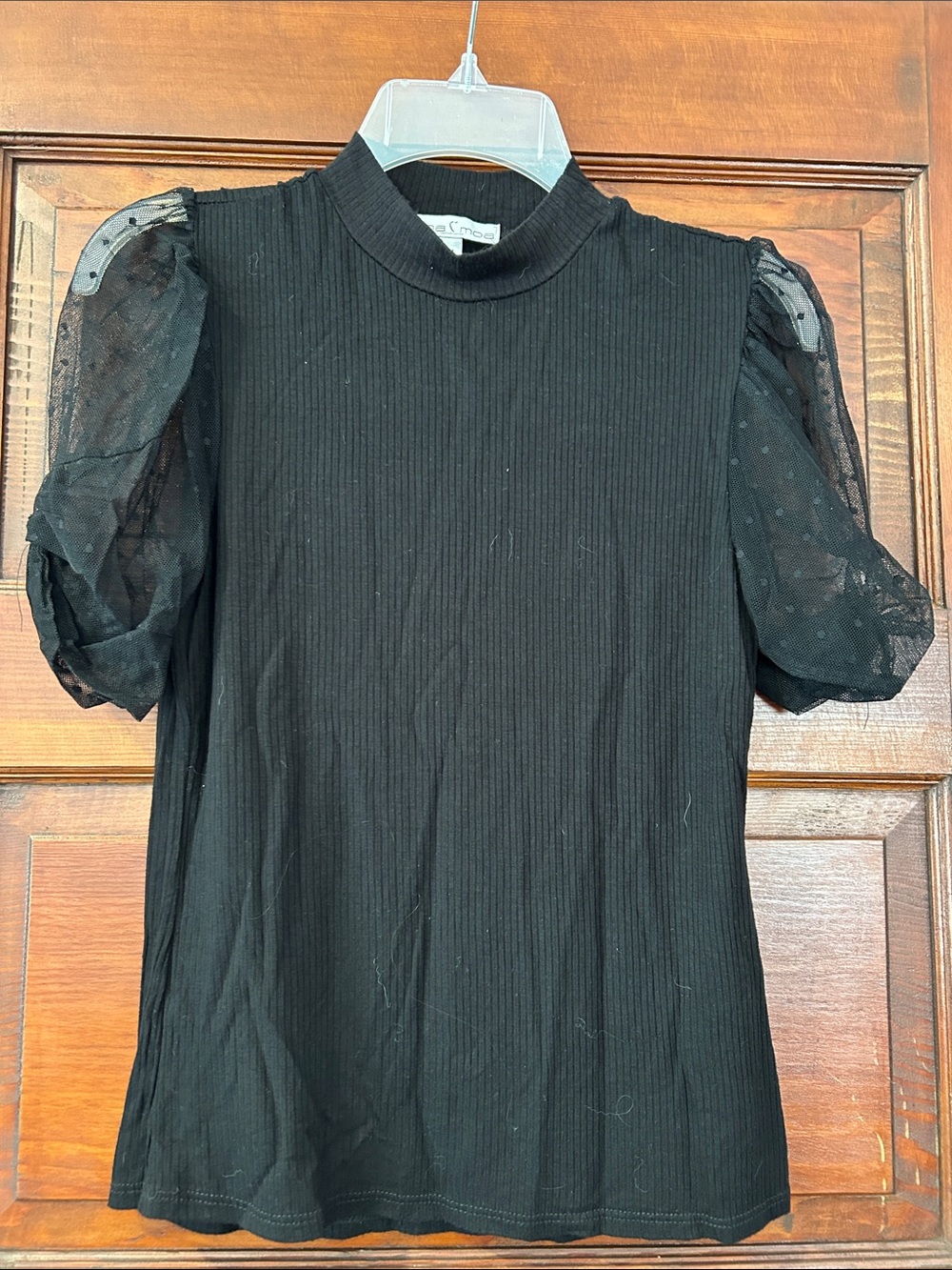 Moa Moa Black Ribbed Mock Neck Top with Sheer Puff Sleeves M